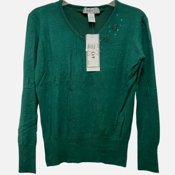 Vintage KIKIT Solid Teal Pullover V-Neck Long Sleeves Sweater Size M - New WT - Picture 2 of 6